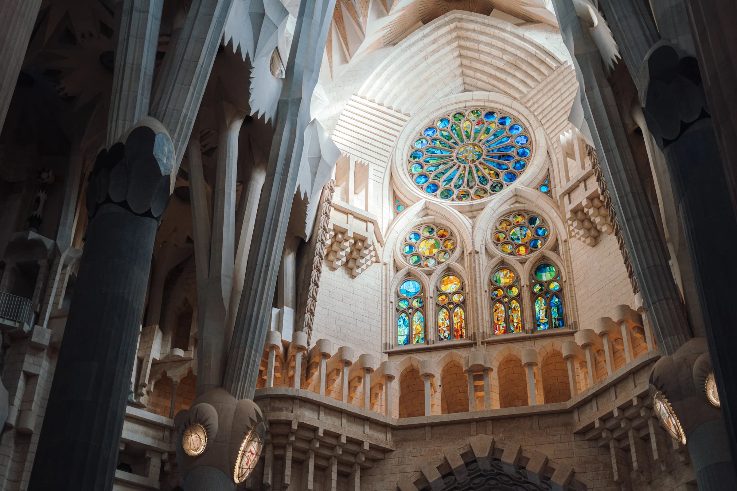 Interior arches and stained glass inside the Sagrada Família