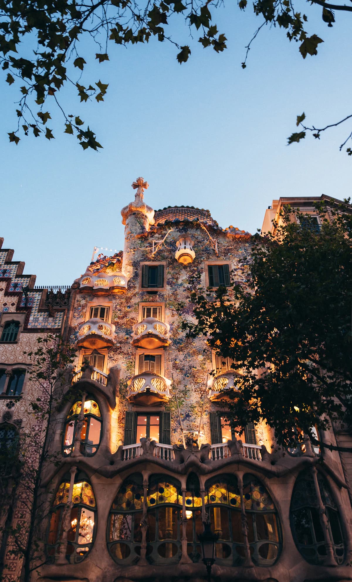 Casa Batlló façade lit up beneath trees in Barcelona
